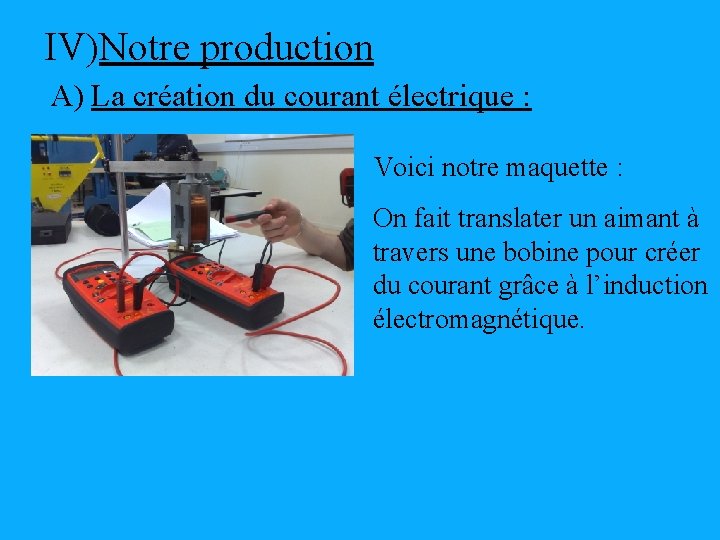 IV)Notre production A) La création du courant électrique : Voici notre maquette : On