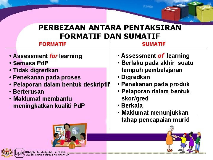 PERBEZAAN ANTARA PENTAKSIRAN FORMATIF DAN SUMATIF FORMATIF • Assessment for learning • Semasa Pd.