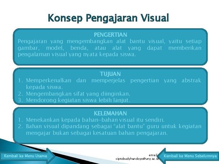 Konsep Pengajaran Visual PENGERTIAN Pengajaran yang mengembangkan alat bantu visual, yaitu setiap gambar, model,