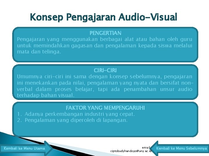 Konsep Pengajaran Audio-Visual PENGERTIAN Pengajaran yang menggunakan berbagai alat atau bahan oleh guru untuk
