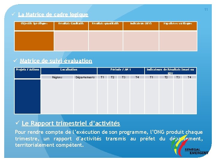 11 ü La Matrice de cadre logique Objectifs Spécifiques Résultats Qualitatifs Résultats quantitatifs Indicateurs