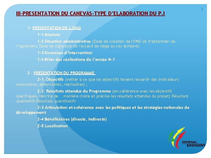 III-PRESENTATION DU CANEVAS-TYPE D’ELABORATION DU P. I 1 - PRESENTATION DE L’ONG 1 -1