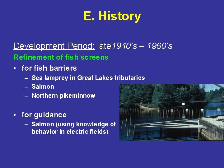 E. History Development Period: late 1940’s – 1960’s Refinement of fish screens • for