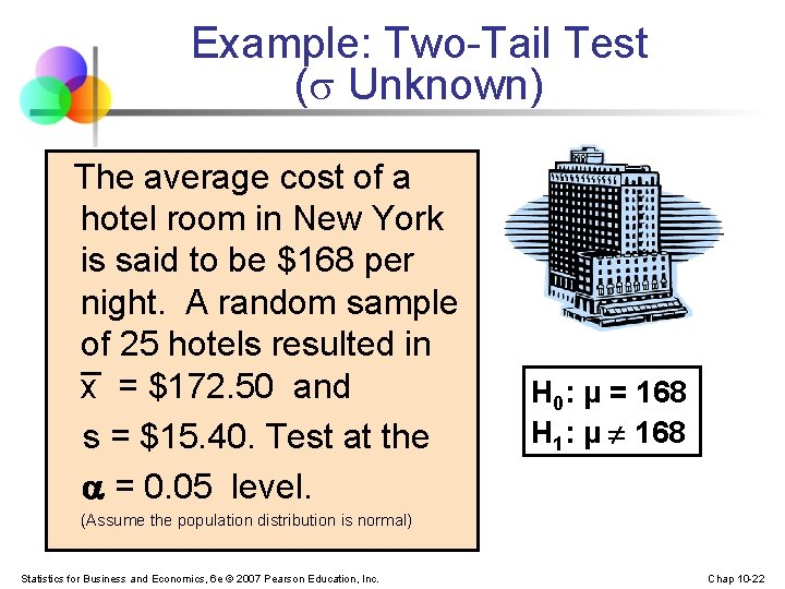 Example: Two-Tail Test ( Unknown) The average cost of a hotel room in New