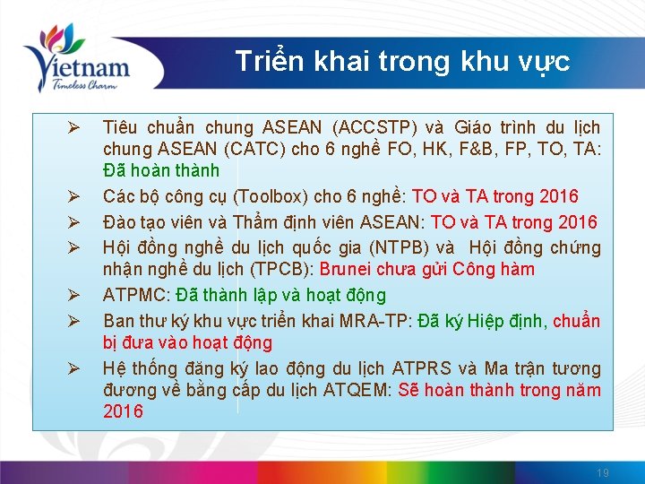 Triển khai trong khu vực Ø Ø Ø Ø Tiêu chuẩn chung ASEAN (ACCSTP)