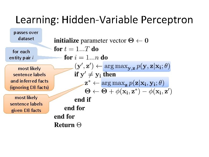 Learning: Hidden-Variable Perceptron passes over dataset for each entity pair i most likely sentence