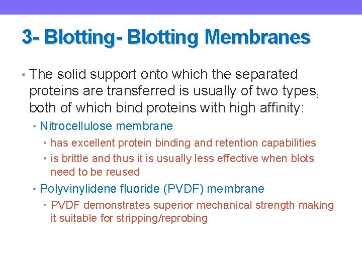 3 - Blotting Membranes • The solid support onto which the separated proteins are