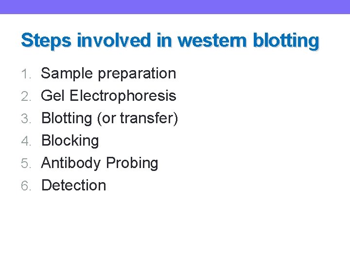 Steps involved in western blotting 1. Sample preparation 2. Gel Electrophoresis 3. Blotting (or