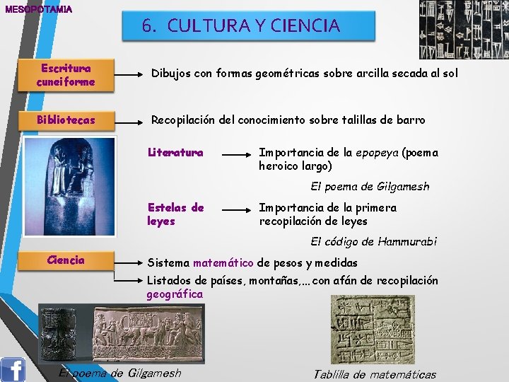 MESOPOTAMIA 6. CULTURA Y CIENCIA Escritura cuneiforme Dibujos con formas geométricas sobre arcilla secada