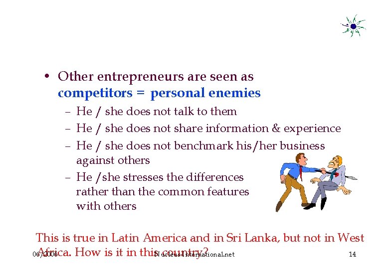  • Other entrepreneurs are seen as competitors = personal enemies – He /