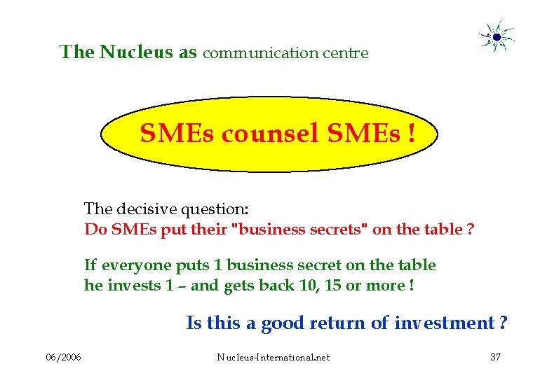 The Nucleus as communication centre SMEs counsel SMEs ! The decisive question: Do SMEs