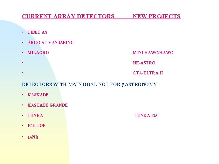 CURRENT ARRAY DETECTORS NEW PROJECTS • TIBET AS • ARGO AT YANJABING • MILAGRO