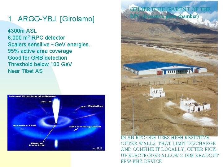 1. ARGO-YBJ [Girolamo[ GEIGERTUBE (PARENT OF THE RPC (Resistive plate chamber) 4300 m ASL