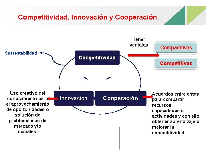Competitividad, Innovación y Cooperación. Tener ventajas Sustentabilidad Uso creativo del conocimiento para el aprovechamiento