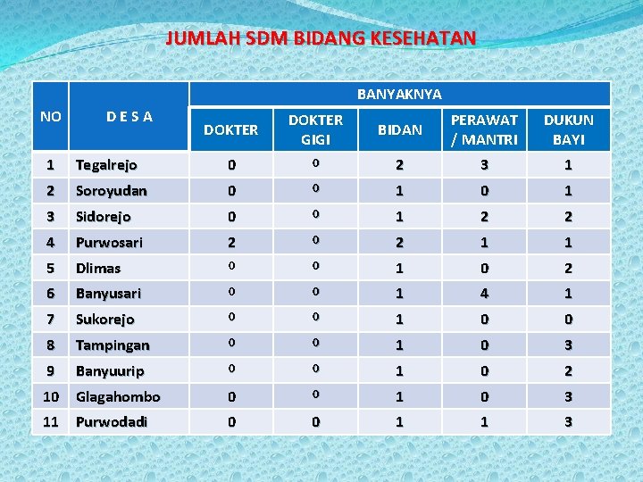 JUMLAH SDM BIDANG KESEHATAN BANYAKNYA NO DESA DOKTER GIGI BIDAN PERAWAT / MANTRI DUKUN