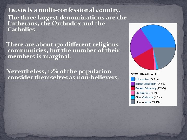 Latvia is a multi-confessional country. The three largest denominations are the Lutherans, the Orthodox