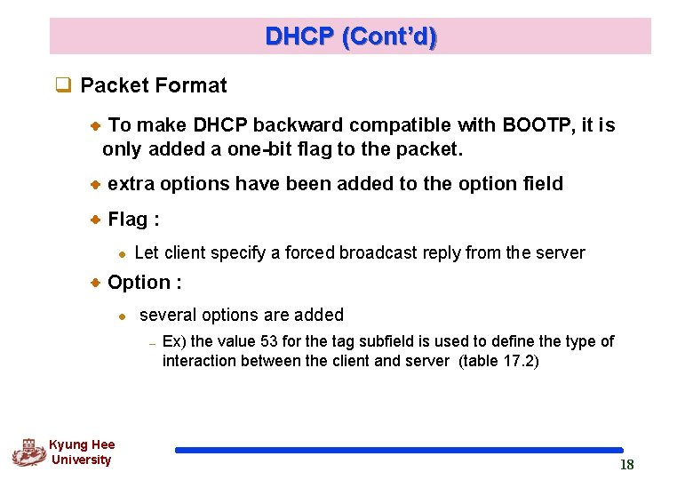 DHCP (Cont’d) q Packet Format To make DHCP backward compatible with BOOTP, it is DHCP (Cont’d) q Packet Format To make DHCP backward compatible with BOOTP, it is