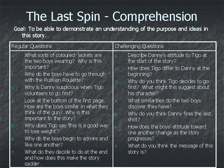 The Last Spin - Comprehension Goal: To be able to demonstrate an understanding of