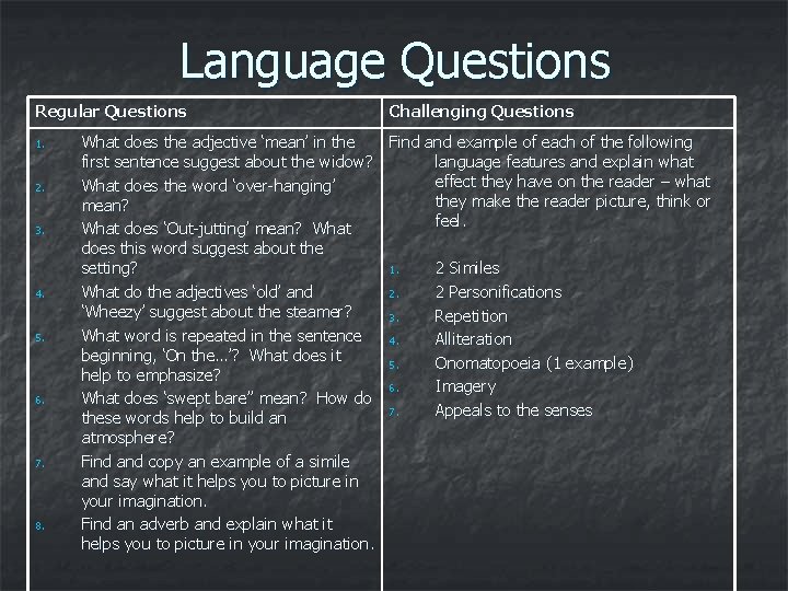 Language Questions Regular Questions 1. 2. 3. 4. 5. 6. 7. 8. Challenging Questions