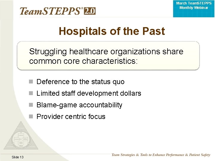March Team. STEPPS Monthly Webinar Hospitals of the Past Struggling healthcare organizations share common
