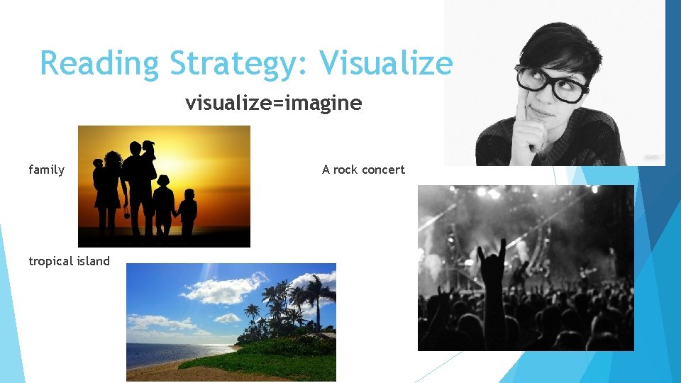 Reading Strategy: Visualize visualize=imagine family tropical island A rock concert 