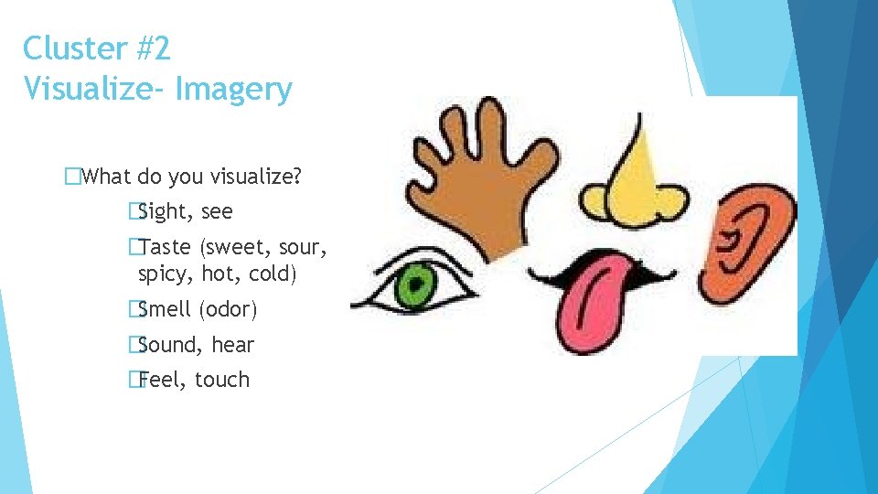 Cluster #2 Visualize- Imagery �What do you visualize? �Sight, see �Taste (sweet, sour, spicy,