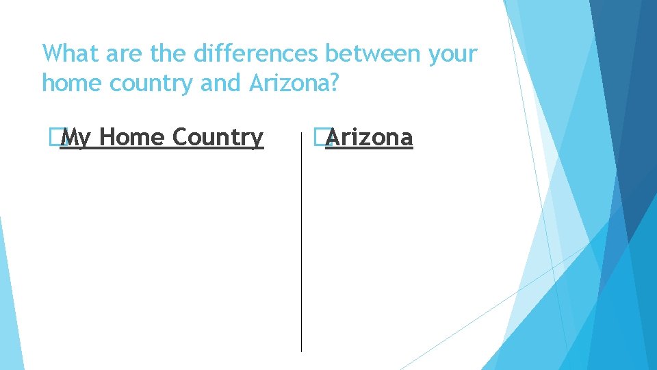 What are the differences between your home country and Arizona? �My Home Country �Arizona
