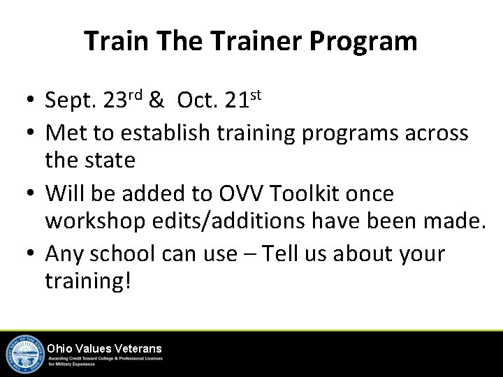 Train The Trainer Program • Sept. 23 rd & Oct. 21 st • Met