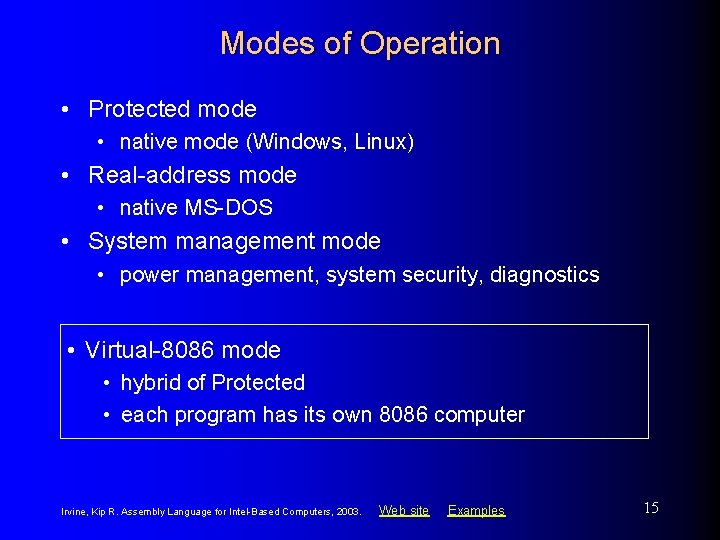 Modes of Operation • Protected mode • native mode (Windows, Linux) • Real-address mode