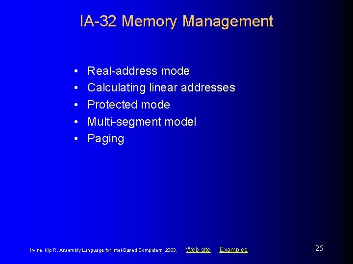 IA-32 Memory Management • • • Real-address mode Calculating linear addresses Protected mode Multi-segment