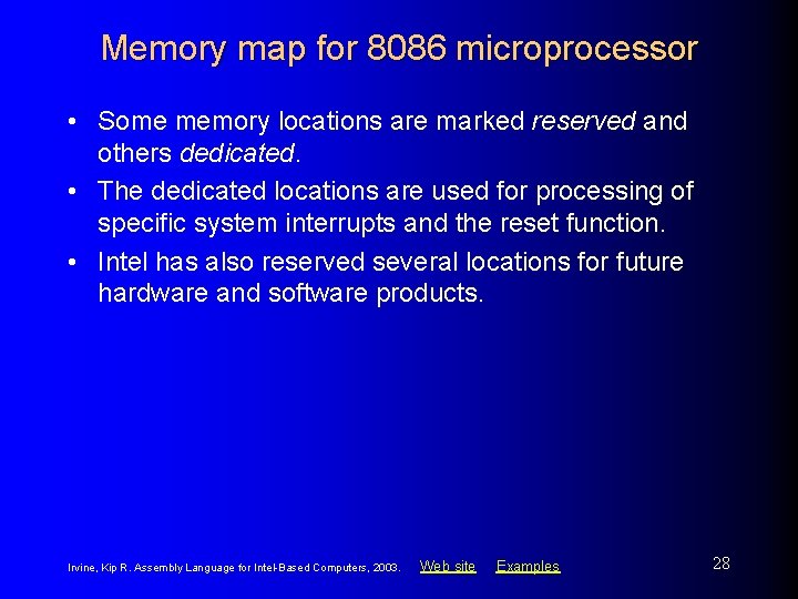 Memory map for 8086 microprocessor • Some memory locations are marked reserved and others