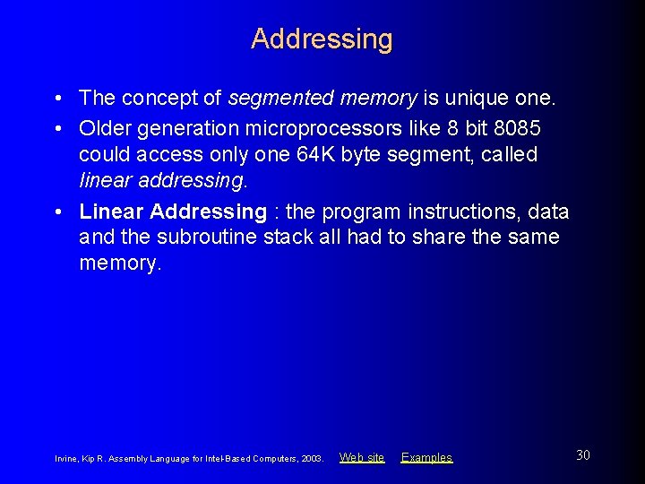 Addressing • The concept of segmented memory is unique one. • Older generation microprocessors