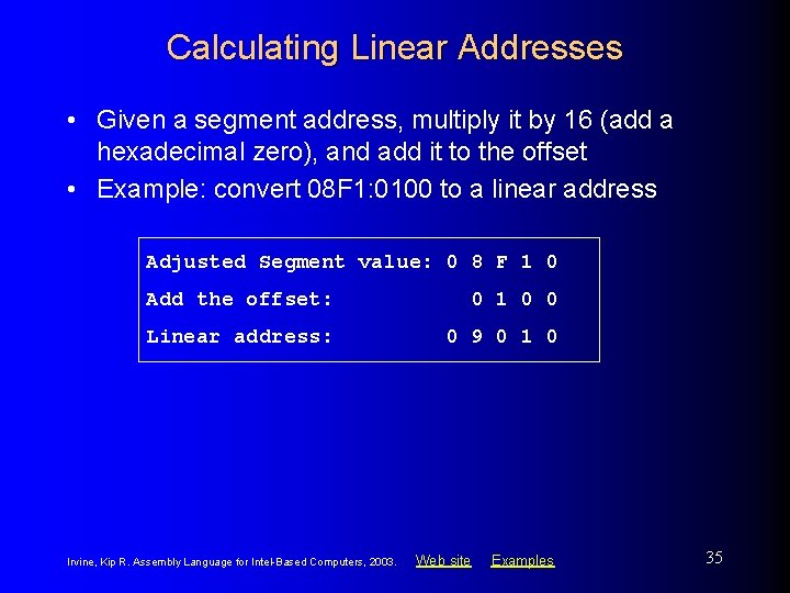 Calculating Linear Addresses • Given a segment address, multiply it by 16 (add a