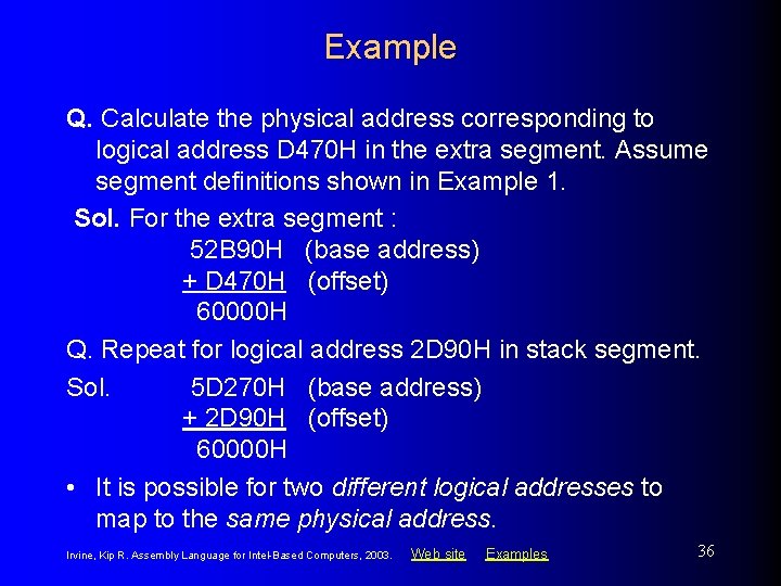Example Q. Calculate the physical address corresponding to logical address D 470 H in