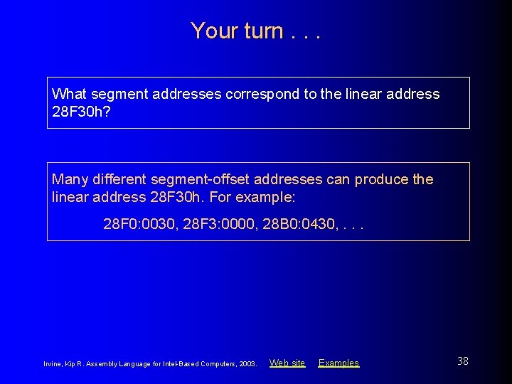 Your turn. . . What segment addresses correspond to the linear address 28 F