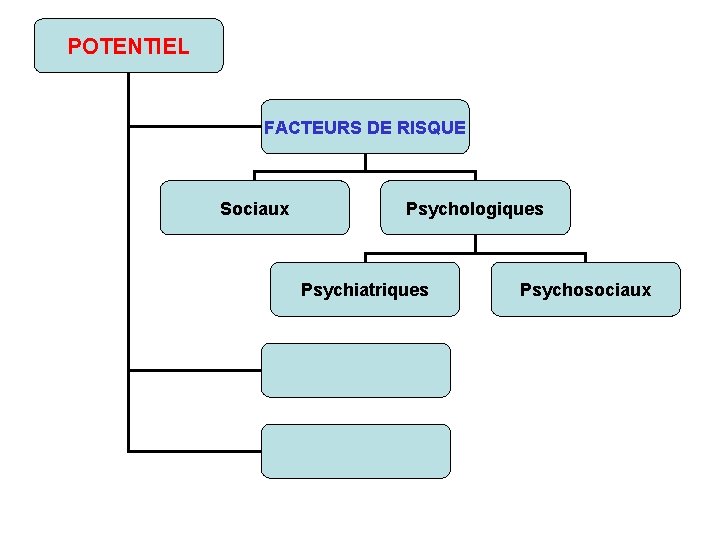 POTENTIEL FACTEURS DE RISQUE Sociaux Psychologiques Psychiatriques Psychosociaux 
