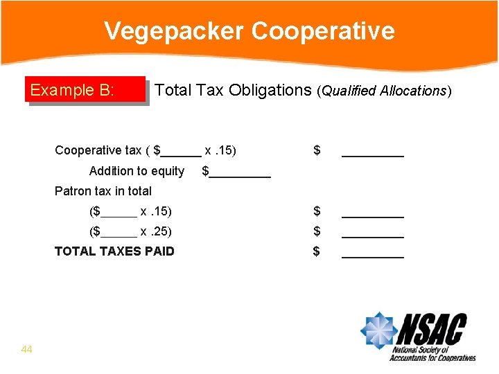 Vegepacker Cooperative Example B: Total Tax Obligations (Qualified Allocations) Cooperative tax ( $______ x.