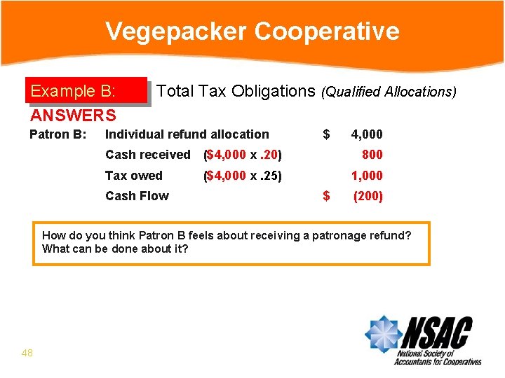 Vegepacker Cooperative Example B: ANSWERS Patron B: Total Tax Obligations (Qualified Allocations) Individual refund