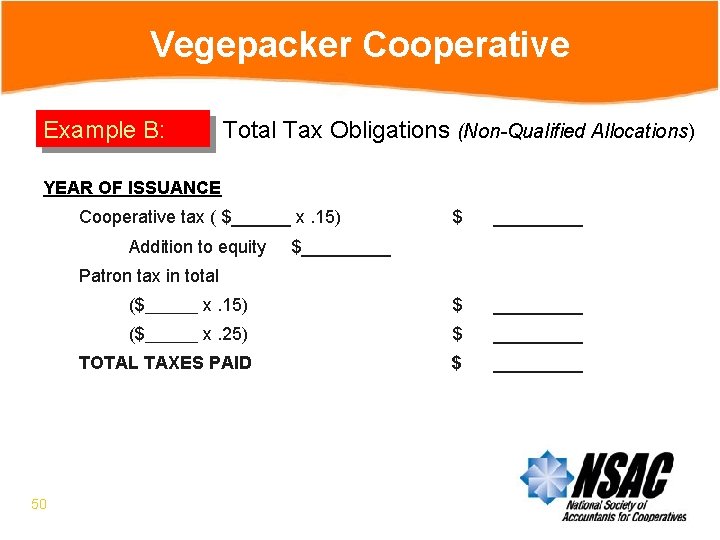 Vegepacker Cooperative Example B: Total Tax Obligations (Non-Qualified Allocations) YEAR OF ISSUANCE Cooperative tax