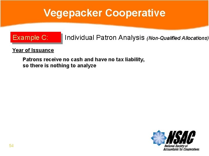 Vegepacker Cooperative Example C: Individual Patron Analysis (Non-Qualified Allocations) Year of Issuance Patrons receive