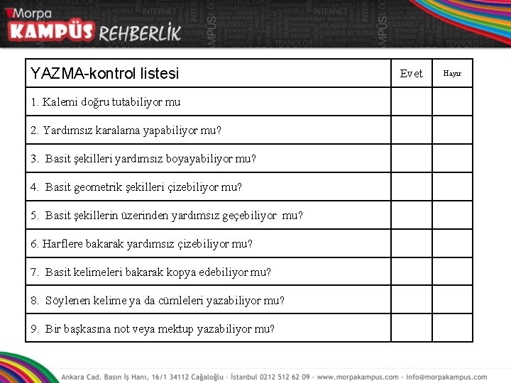 YAZMA-kontrol listesi 1. Kalemi doğru tutabiliyor mu 2. Yardımsız karalama yapabiliyor mu? 3. Basit