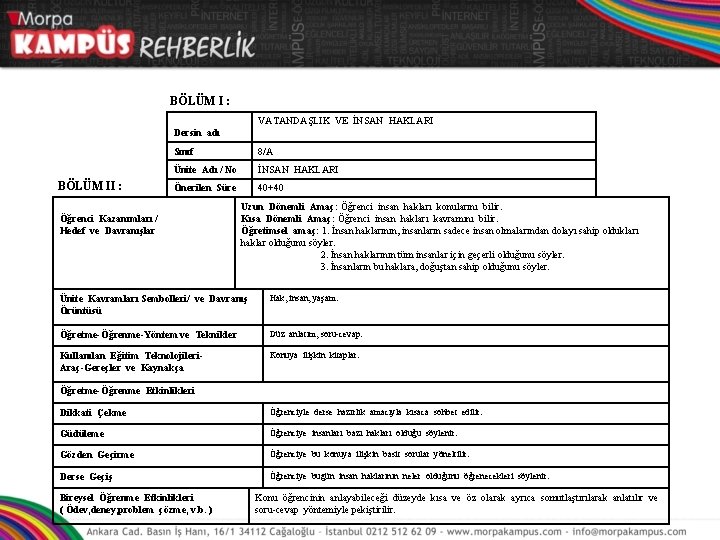 BÖLÜM I : VATANDAŞLIK VE İNSAN HAKLARI Dersin adı BÖLÜM II : Sınıf 8/A