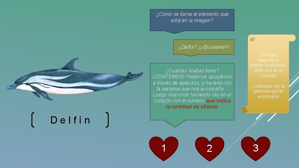 ¿Cómo se llama el elemento que está en la imagen? ¿Delfín? ¡¡¡Excelente!!! ¿Cuántas sílabas