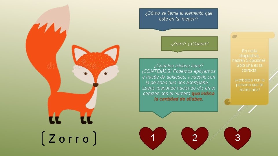 ¿Cómo se llama el elemento que está en la imagen? ¿Zorro? ¡¡¡Súper!!! ¿Cuántas sílabas