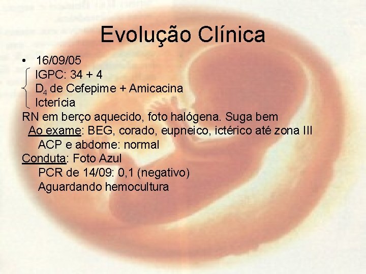 Evolução Clínica • 16/09/05 IGPC: 34 + 4 D 4 de Cefepime + Amicacina