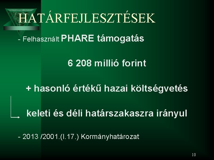 HATÁRFEJLESZTÉSEK - Felhasznált PHARE támogatás 6 208 millió forint + hasonló értékű hazai költségvetés