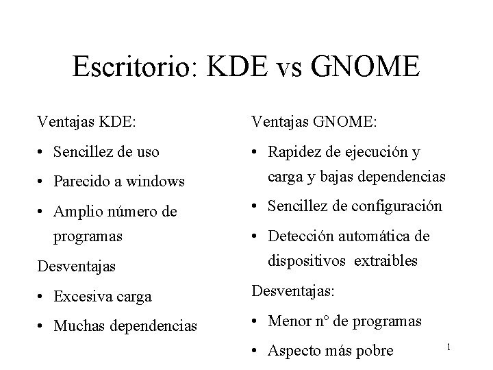 Escritorio: KDE vs GNOME Ventajas KDE: Ventajas GNOME: • Sencillez de uso • Rapidez