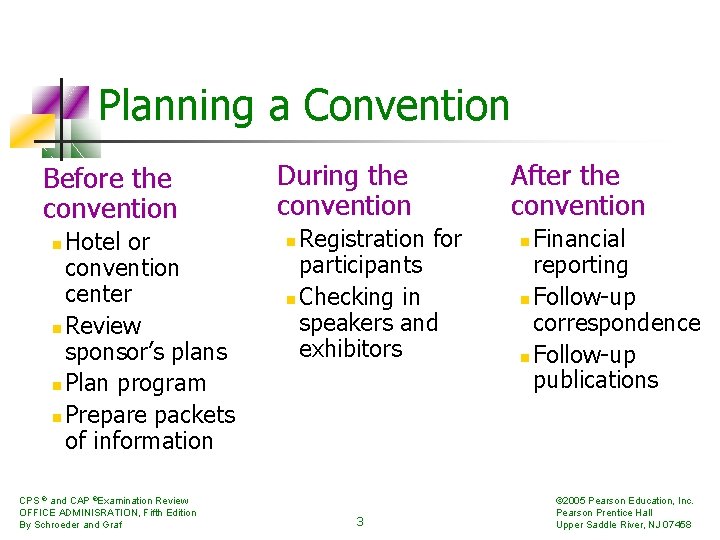 Planning a Convention Before the convention Hotel or convention center n Review sponsor’s plans