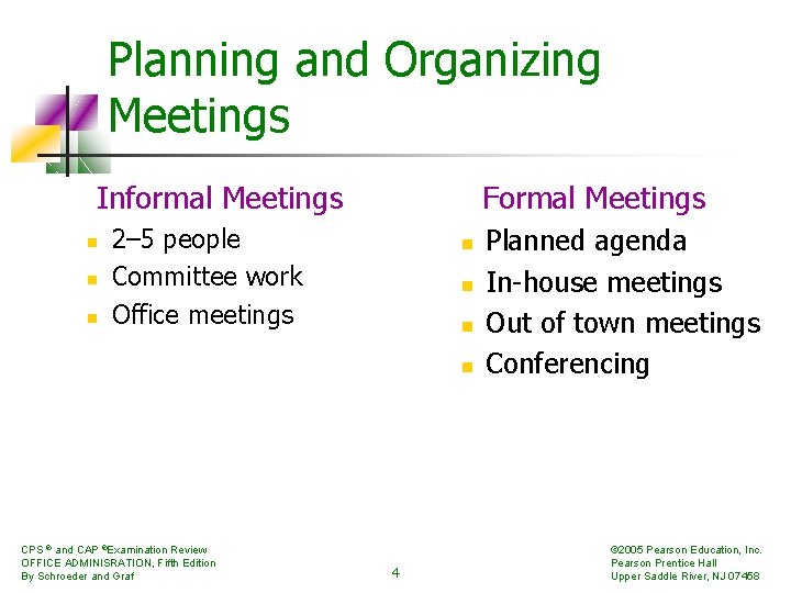 Planning and Organizing Meetings Informal Meetings n n n Formal Meetings 2– 5 people