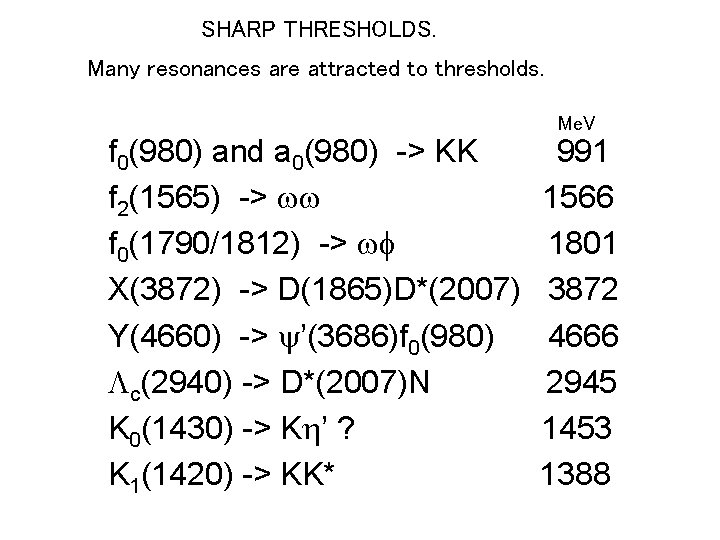 SHARP THRESHOLDS. Many resonances are attracted to thresholds. Me. V f 0(980) and a